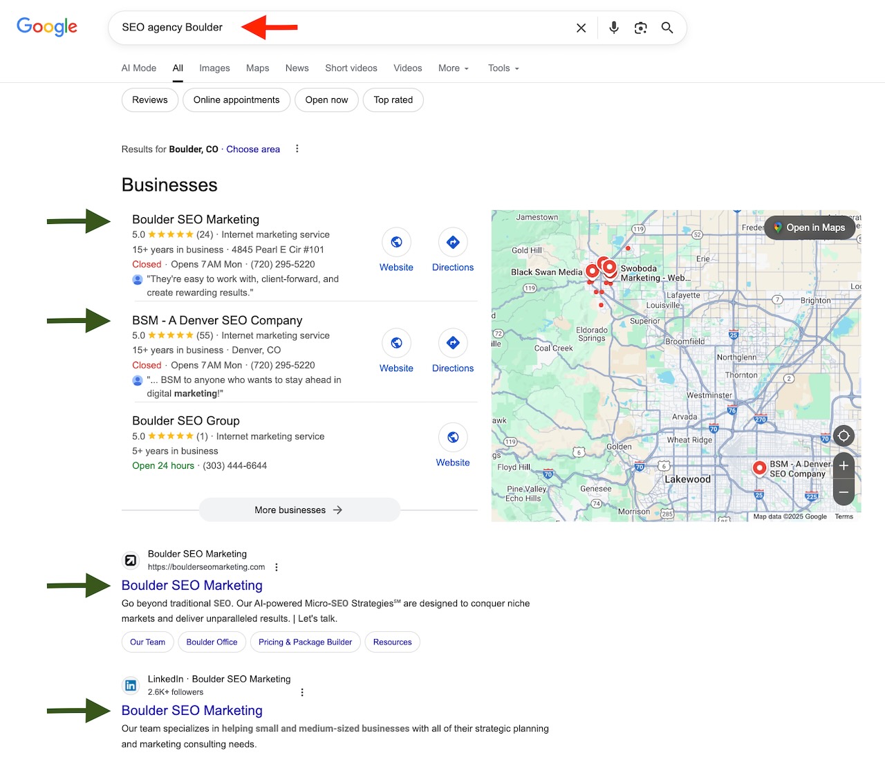 Boulder SEO Marketing dominates page one in Google.