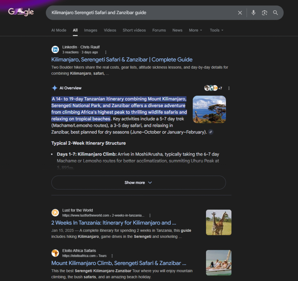 Kilimanjaro, Serengeti Safari and Zanzibar Complete guide
